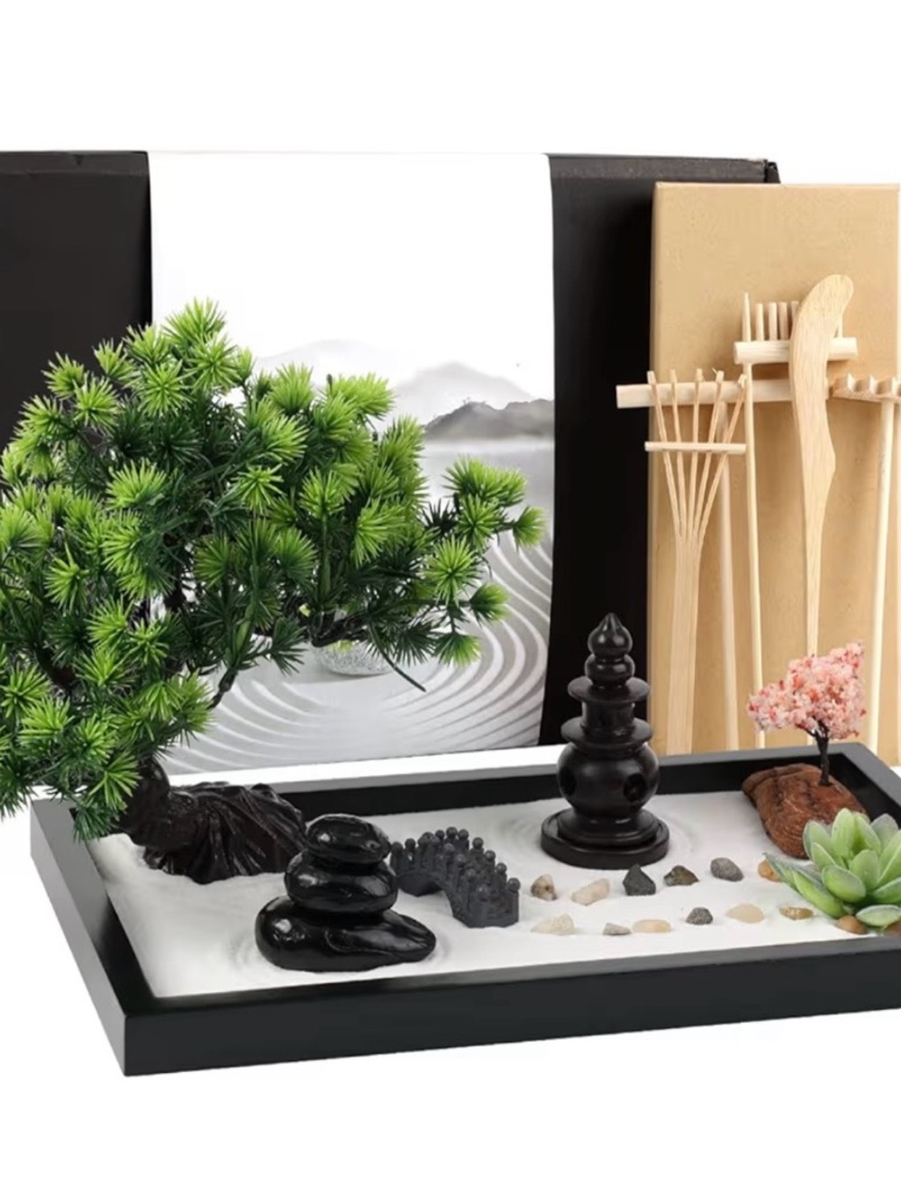 Zen Miniature Tabletop Zen Garden with Green Bonsai